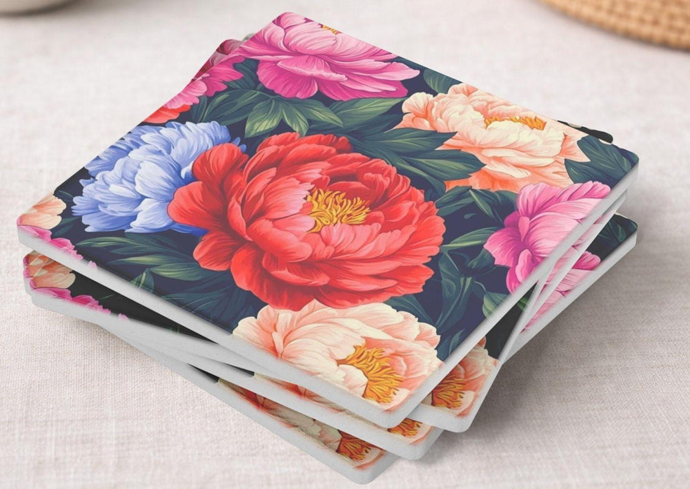 Dark Floral Coaster Set of 4, Dark Botanical Table Decor, Dramatic Peony Drink Coasters, Elegant Home Accent