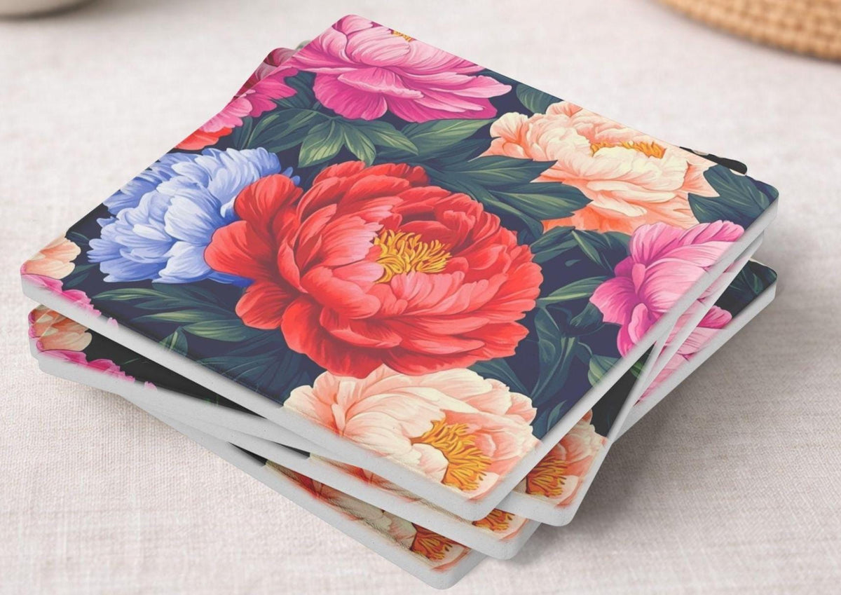 Dark Floral Coaster Set of 4, Dark Botanical Table Decor, Dramatic Peony Drink Coasters, Elegant Home Accent