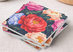 Dark Floral Coaster Set of 4, Dark Botanical Table Decor, Dramatic Peony Drink Coasters, Elegant Home Accent