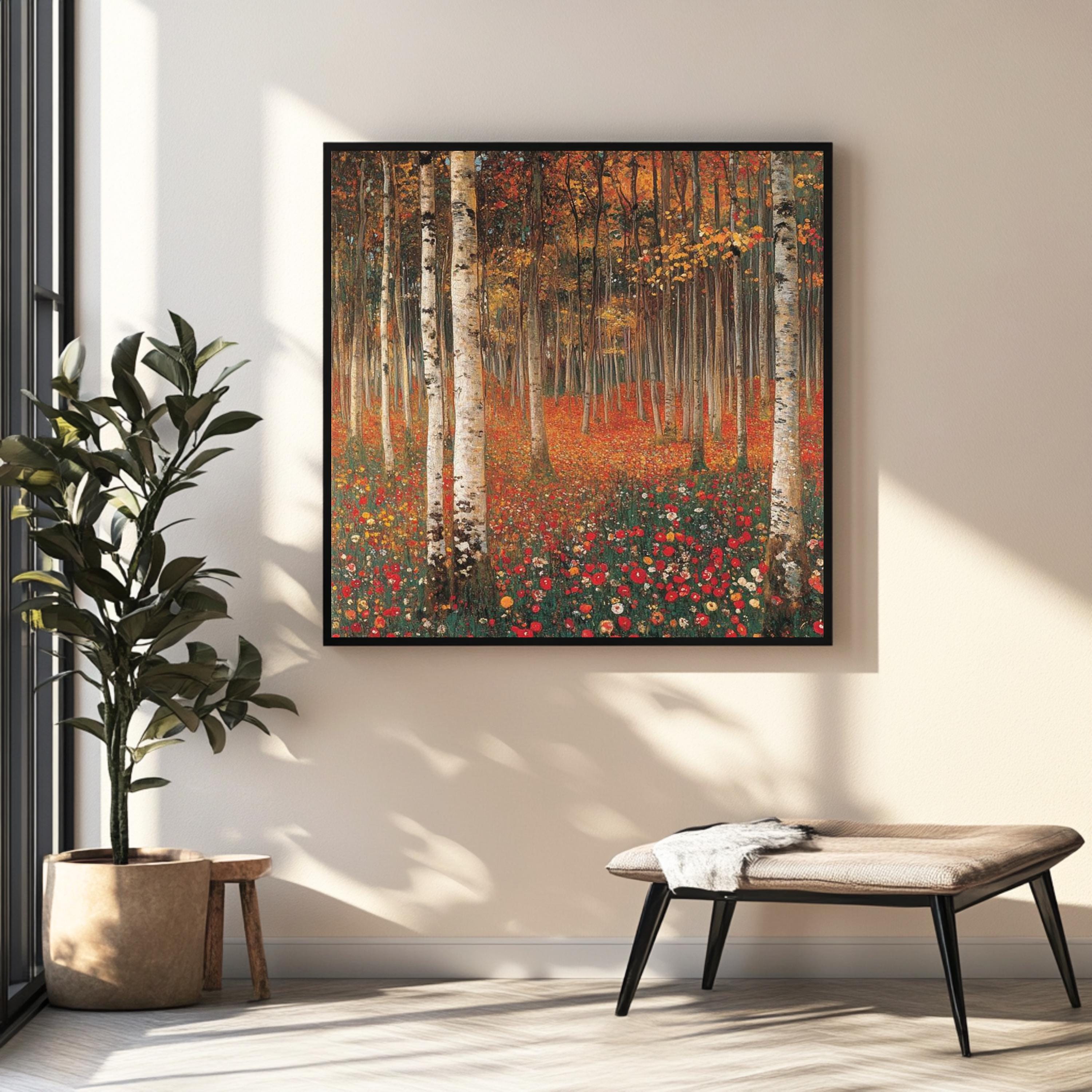 Autumn Forest Canvas Wall Art, Gustav Klimt Woodland Inspired Print, Earth Tone Poster, Framed Canvas for Tranquil Nature Home Decor