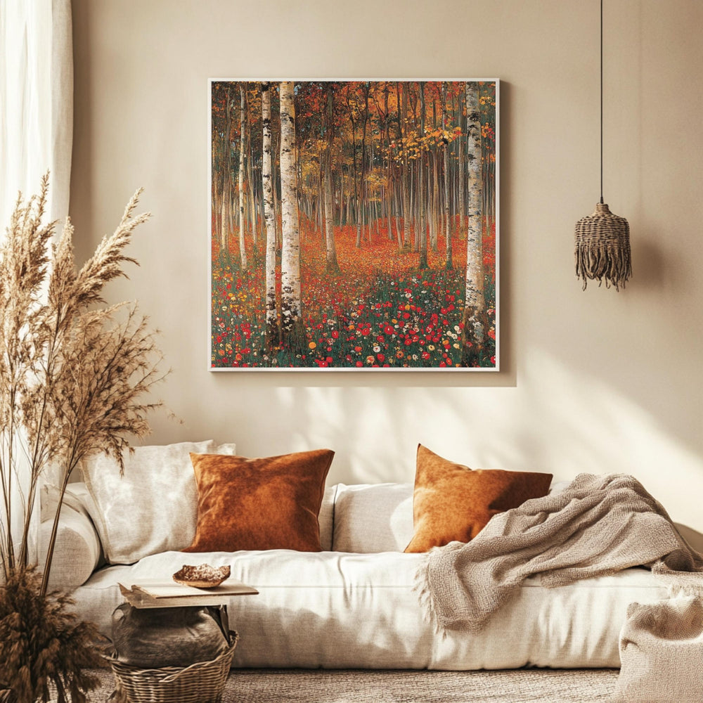 Autumn Forest Canvas Wall Art, Gustav Klimt Woodland Inspired Print, Earth Tone Poster, Framed Canvas for Tranquil Nature Home Decor
