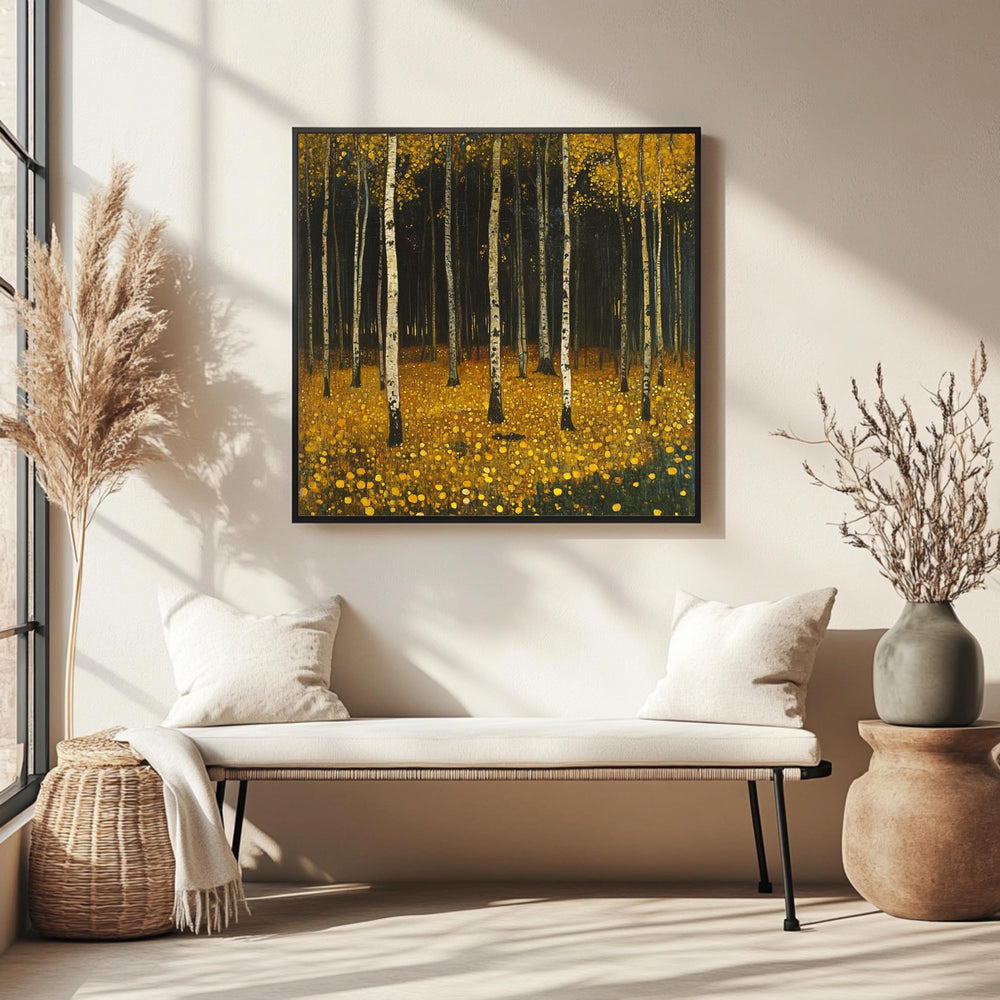 Yellow Woodland Canvas Wall Art, Gustav Klimt Inspired Autumn Forest Print, Golden Nature Poster, Framed Canvas for Warm Rustic Home Decor