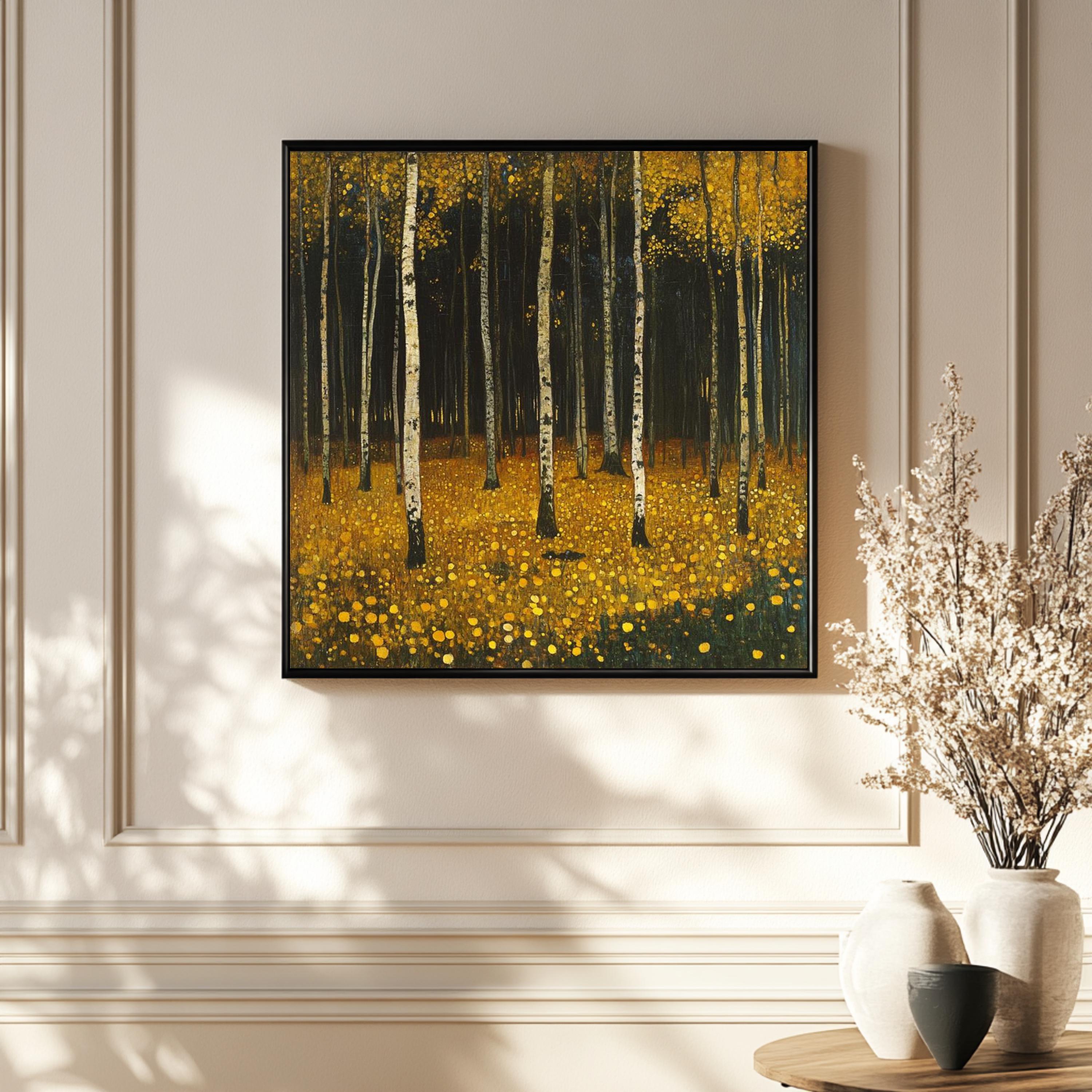 Yellow Woodland Canvas Wall Art, Gustav Klimt Inspired Autumn Forest Print, Golden Nature Poster, Framed Canvas for Warm Rustic Home Decor