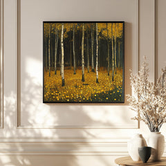Yellow Woodland Canvas Wall Art, Gustav Klimt Inspired Autumn Forest Print, Golden Nature Poster, Framed Canvas for Warm Rustic Home Decor