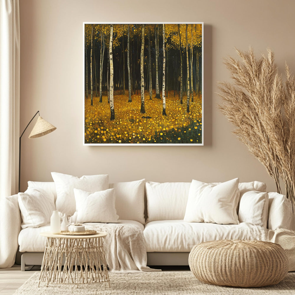 Yellow Woodland Canvas Wall Art, Gustav Klimt Inspired Autumn Forest Print, Golden Nature Poster, Framed Canvas for Warm Rustic Home Decor