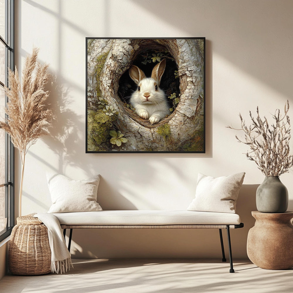 Forest Rabbit Canvas Wall Art, Woodland Bunny in Tree Print, Nature Lover Poster, Framed Canvas for Warm Earthy Cottagecore Home Decor