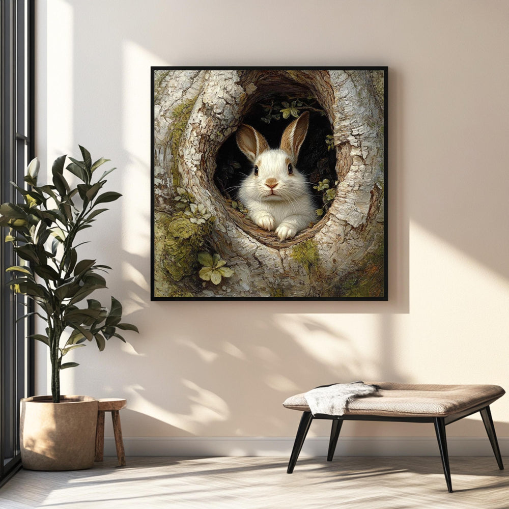 Forest Rabbit Canvas Wall Art, Woodland Bunny in Tree Print, Nature Lover Poster, Framed Canvas for Warm Earthy Cottagecore Home Decor