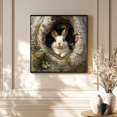 Forest Rabbit Canvas Wall Art, Woodland Bunny in Tree Print, Nature Lover Poster, Framed Canvas for Warm Earthy Cottagecore Home Decor