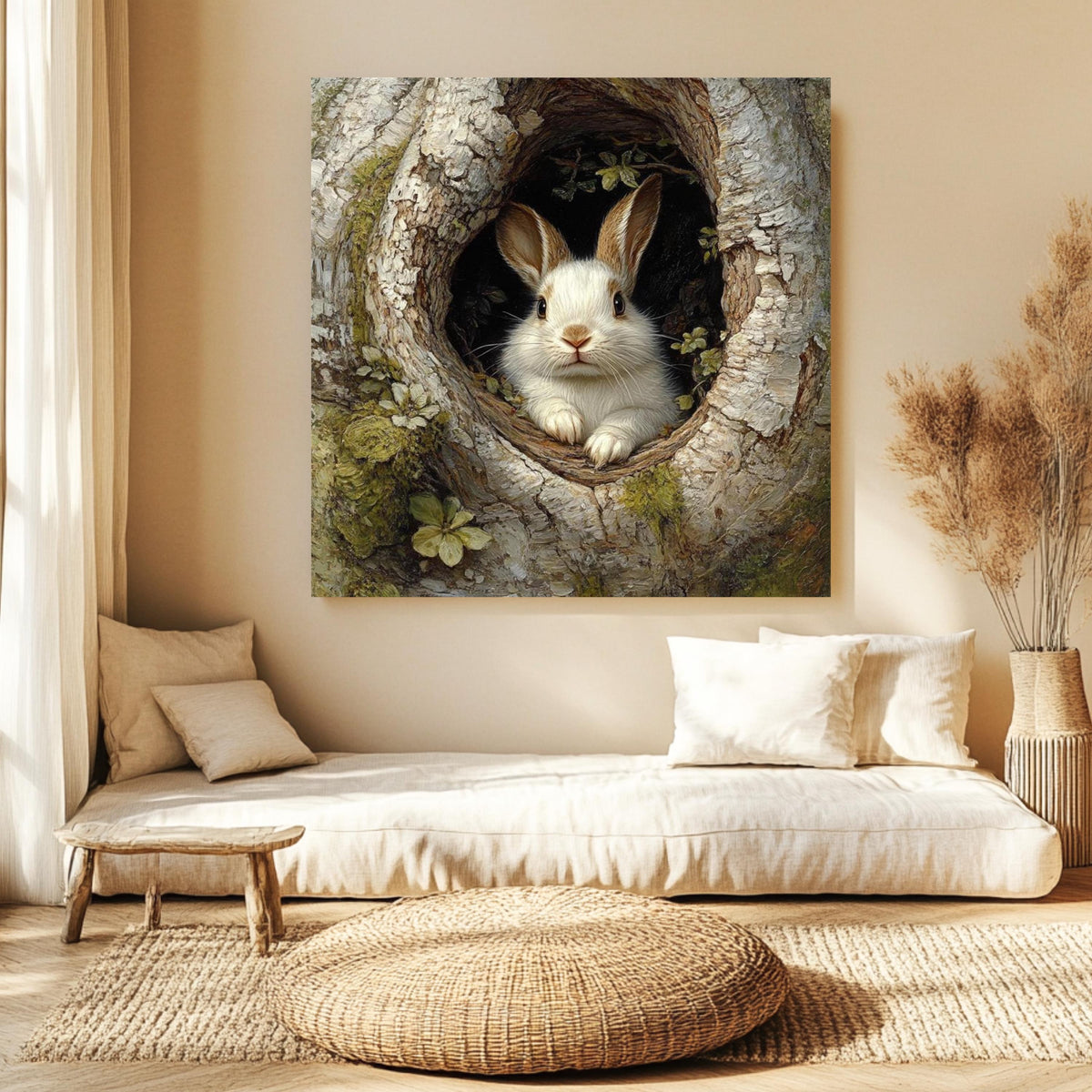 Forest Rabbit Canvas Wall Art, Woodland Bunny in Tree Print, Nature Lover Poster, Framed Canvas for Warm Earthy Cottagecore Home Decor