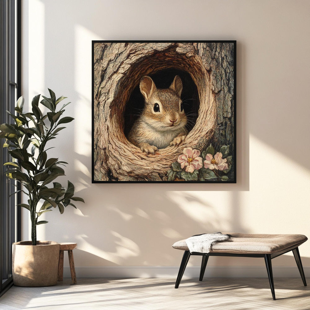Forest Chipmunk Canvas Wall Art, Woodland Animal Tree Hollow Print, Nature Inspired Poster, Framed Canvas for Rustic Cottage Home Decor