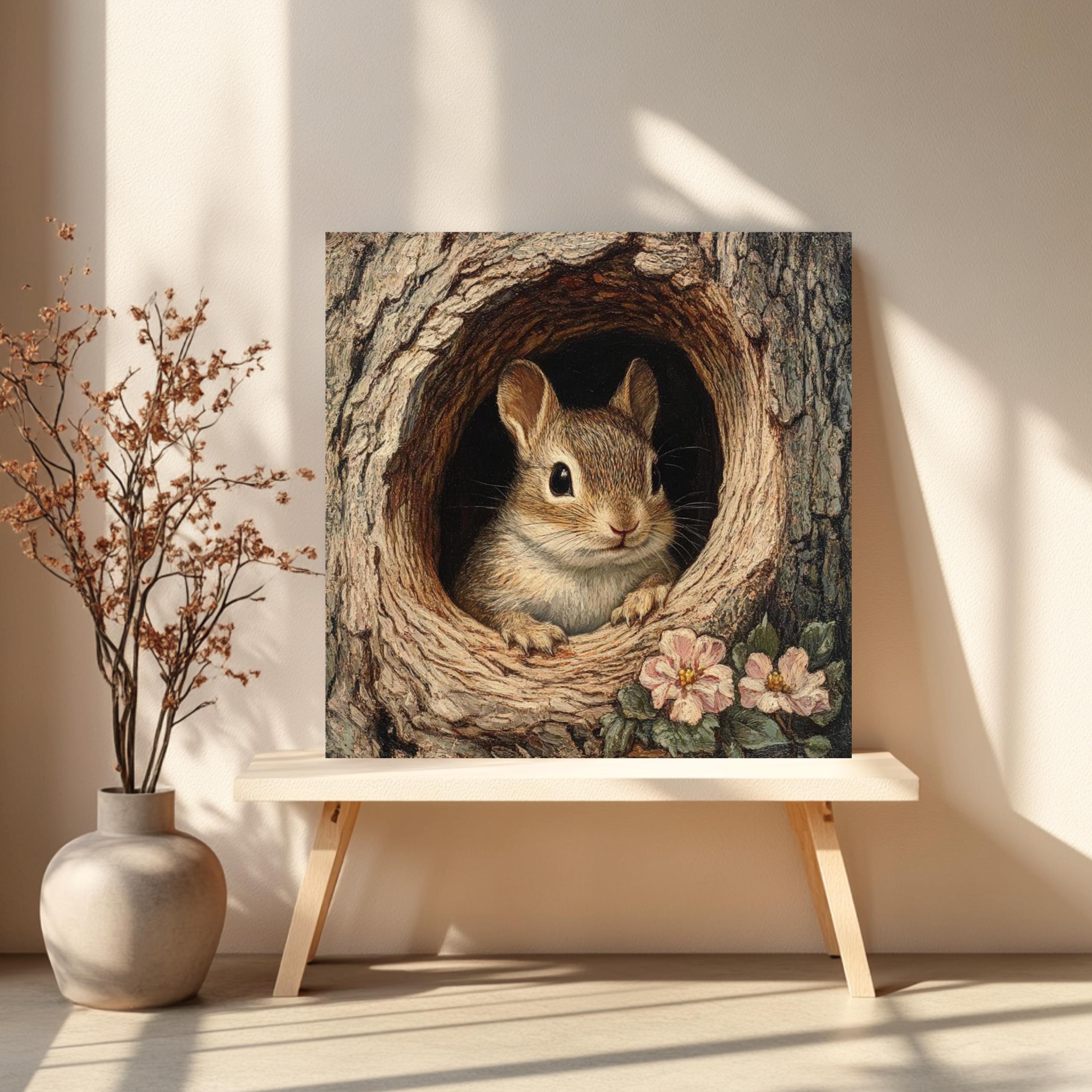Forest Chipmunk Canvas Wall Art, Woodland Animal Tree Hollow Print, Nature Inspired Poster, Framed Canvas for Rustic Cottage Home Decor