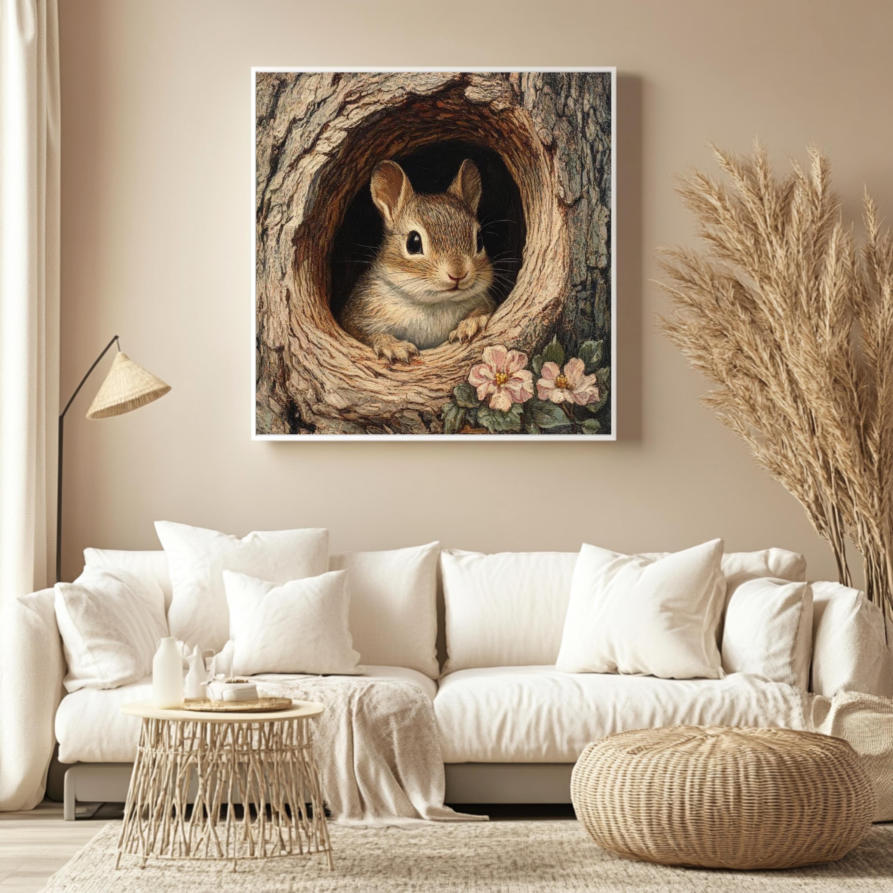 Forest Chipmunk Canvas Wall Art, Woodland Animal Tree Hollow Print, Nature Inspired Poster, Framed Canvas for Rustic Cottage Home Decor