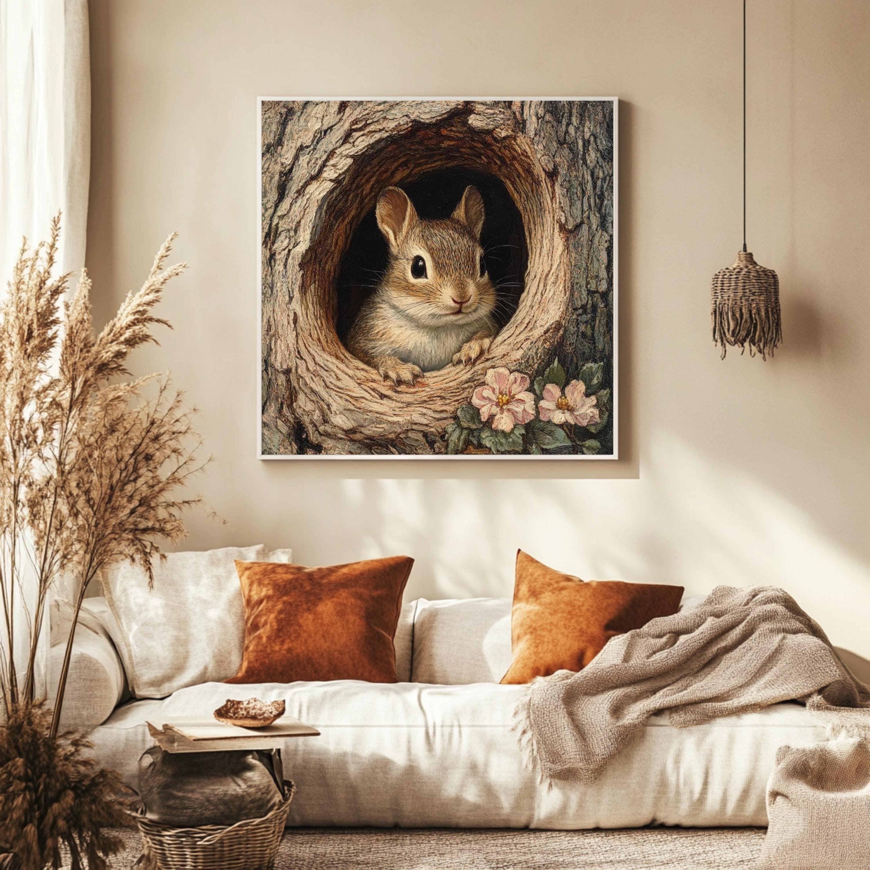Forest Chipmunk Canvas Wall Art, Woodland Animal Tree Hollow Print, Nature Inspired Poster, Framed Canvas for Rustic Cottage Home Decor