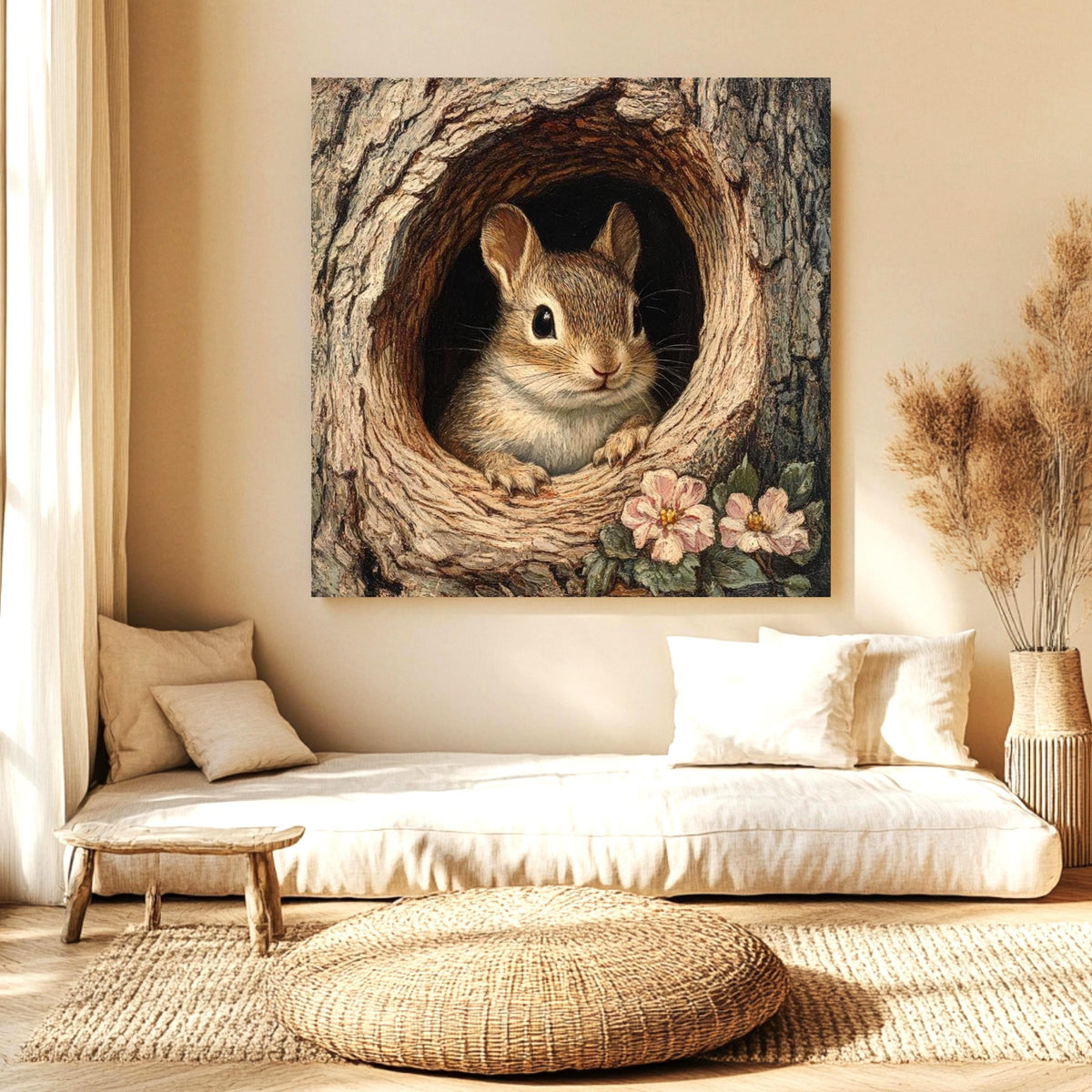 Forest Chipmunk Canvas Wall Art, Woodland Animal Tree Hollow Print, Nature Inspired Poster, Framed Canvas for Rustic Cottage Home Decor