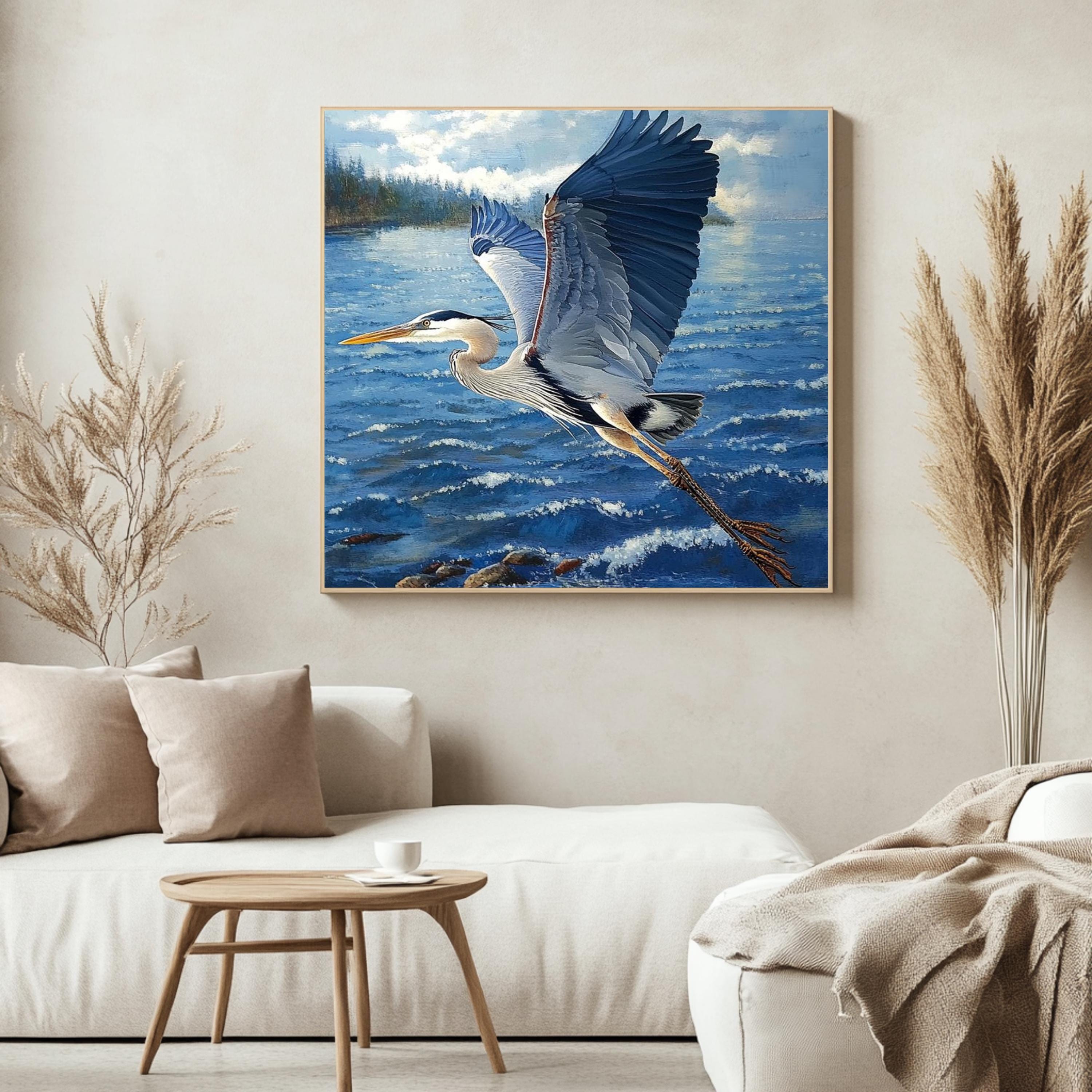 Soaring Heron Canvas Wall Art, Blue Coastal Bird Poster Print, Nature Inspired Poster, Framed Canvas for Coastal Beach House Decor