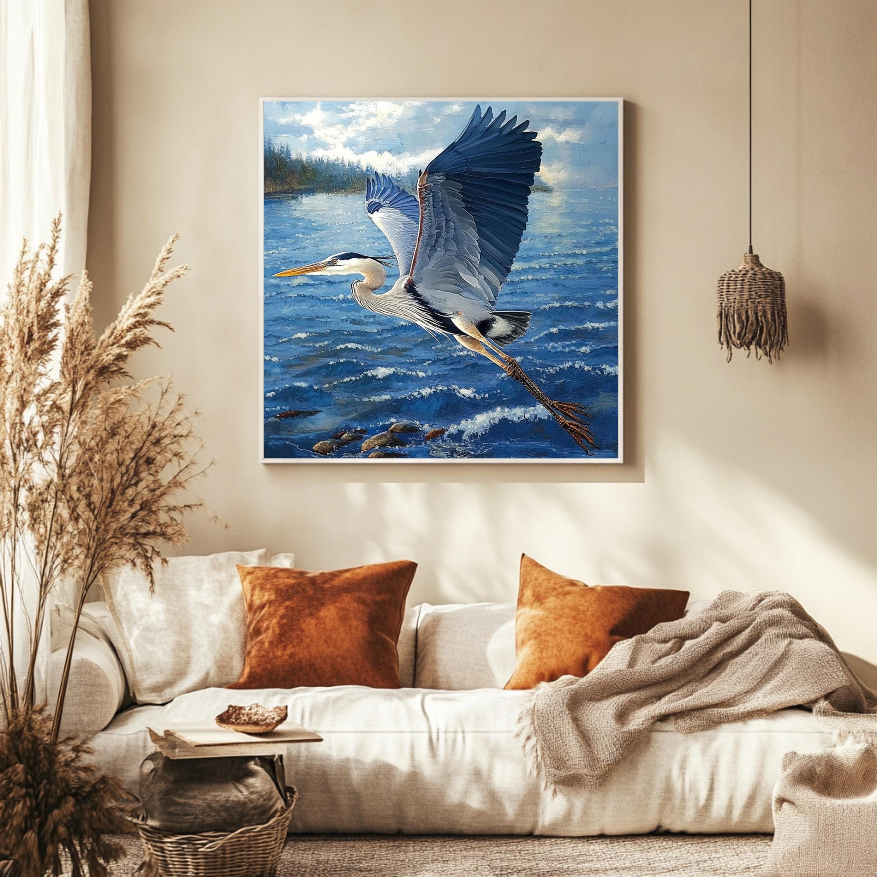 Soaring Heron Canvas Wall Art, Blue Coastal Bird Poster Print, Nature Inspired Poster, Framed Canvas for Coastal Beach House Decor