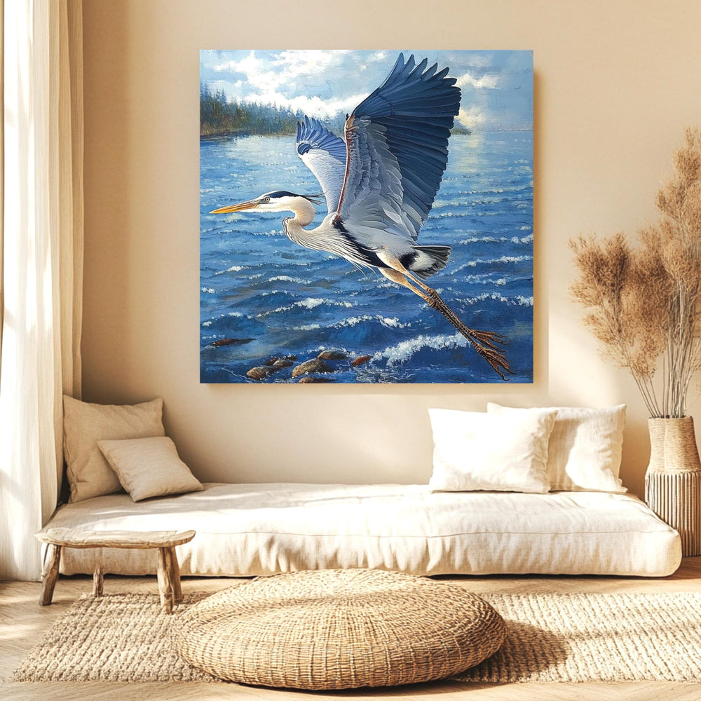 Soaring Heron Canvas Wall Art, Blue Coastal Bird Poster Print, Nature Inspired Poster, Framed Canvas for Coastal Beach House Decor
