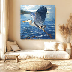 Soaring Heron Canvas Wall Art, Blue Coastal Bird Poster Print, Nature Inspired Poster, Framed Canvas for Coastal Beach House Decor