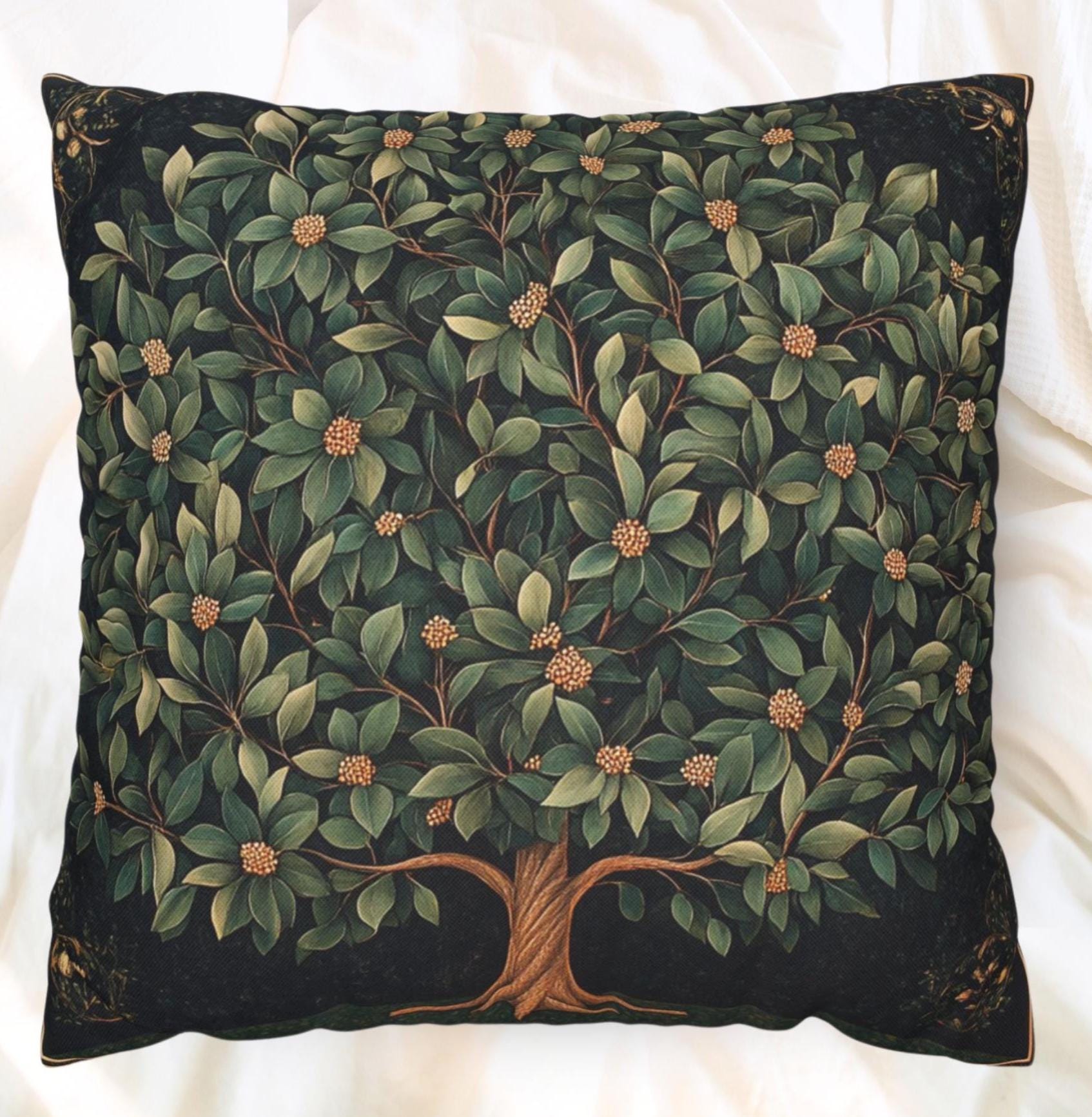 Ornamental Botanical Tree Throw Pillow, Vintage Garden Foliage Cushion, Classic Greenery Decor, Timeless Nature Accent Pillow