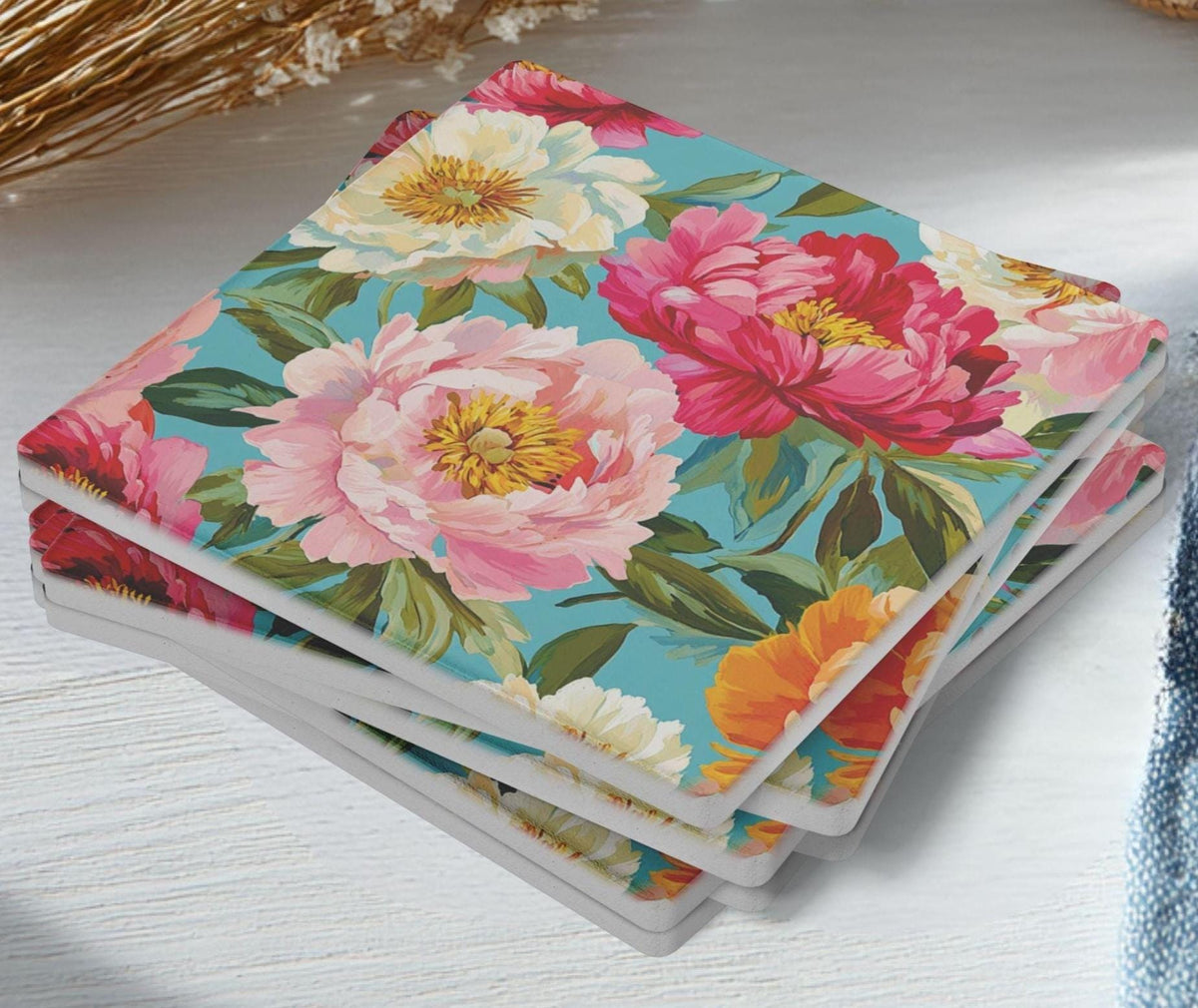 Floral Coaster Set of 4, Colorful Peony Table Decor, Vibrant Botanical Drink Coasters, Statement Home Accent