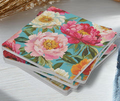 Floral Coaster Set of 4, Colorful Peony Table Decor, Vibrant Botanical Drink Coasters, Statement Home Accent