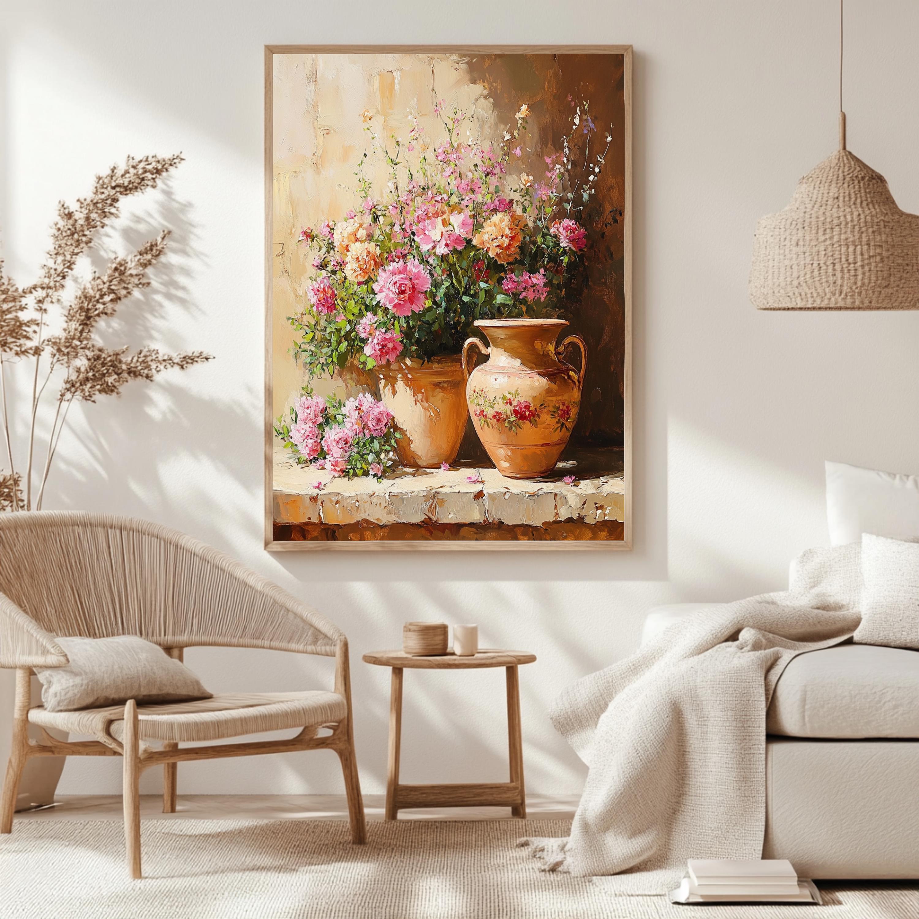 Blossoming Garden Pot Wall Art, Vintage Floral Bouquet Framed Canvas, Rustic Flower Vase Print, Cottage Botanical Poster, Elegant Home Decor