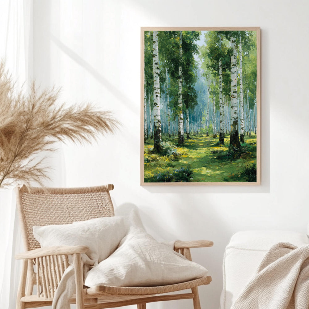 Birch Forest Wall Art, Soft Green Woodland Framed Canvas, Serene Nature Print, Tranquil Tree Wall Decor, Rustic Home Accent