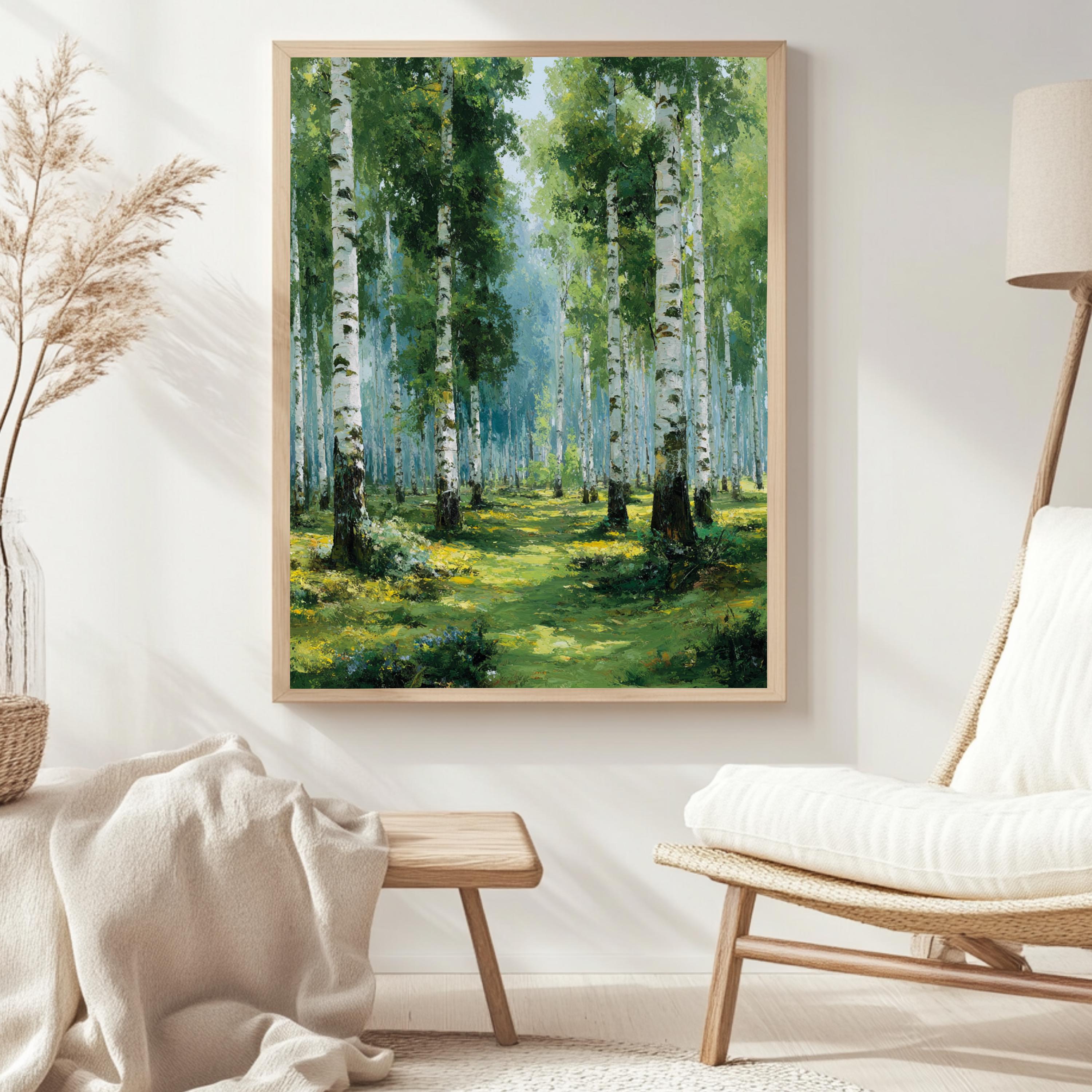 Birch Forest Wall Art, Soft Green Woodland Framed Canvas, Serene Nature Print, Tranquil Tree Wall Decor, Rustic Home Accent