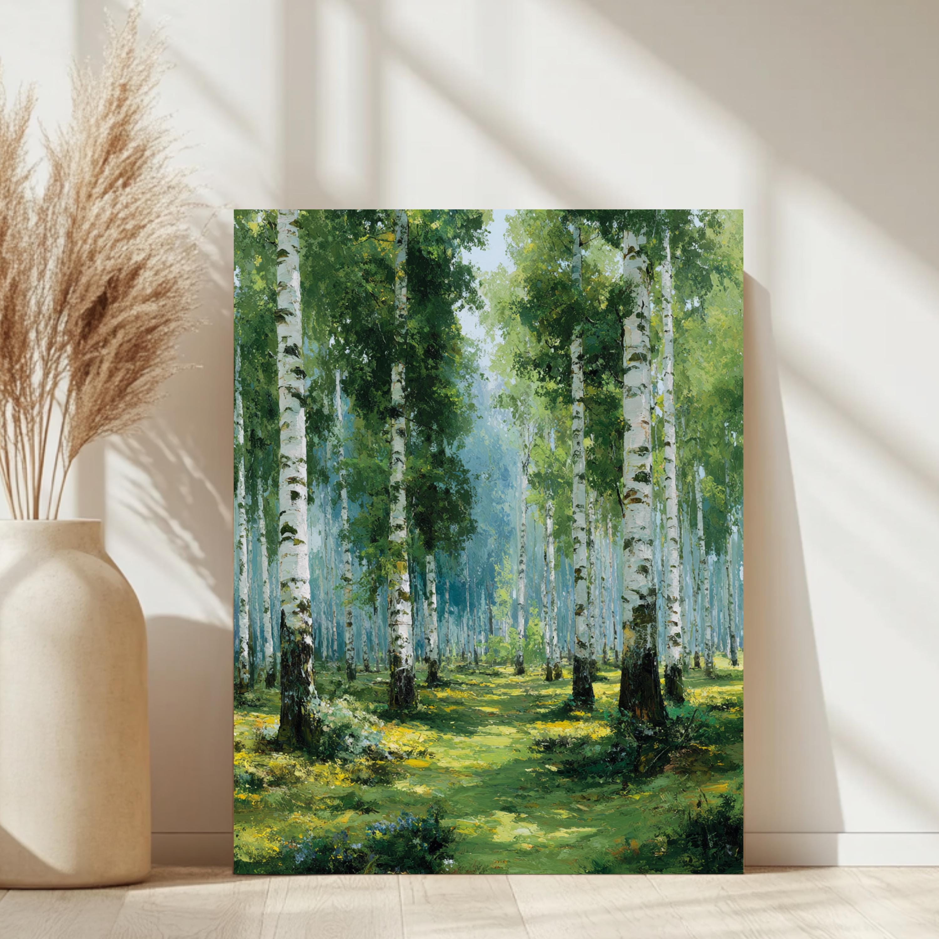 Birch Forest Wall Art, Soft Green Woodland Framed Canvas, Serene Nature Print, Tranquil Tree Wall Decor, Rustic Home Accent
