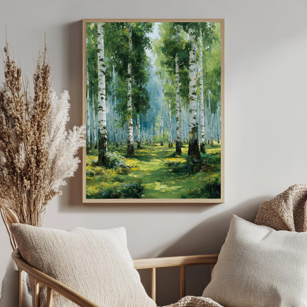 Birch Forest Wall Art, Soft Green Woodland Framed Canvas, Serene Nature Print, Tranquil Tree Wall Decor, Rustic Home Accent