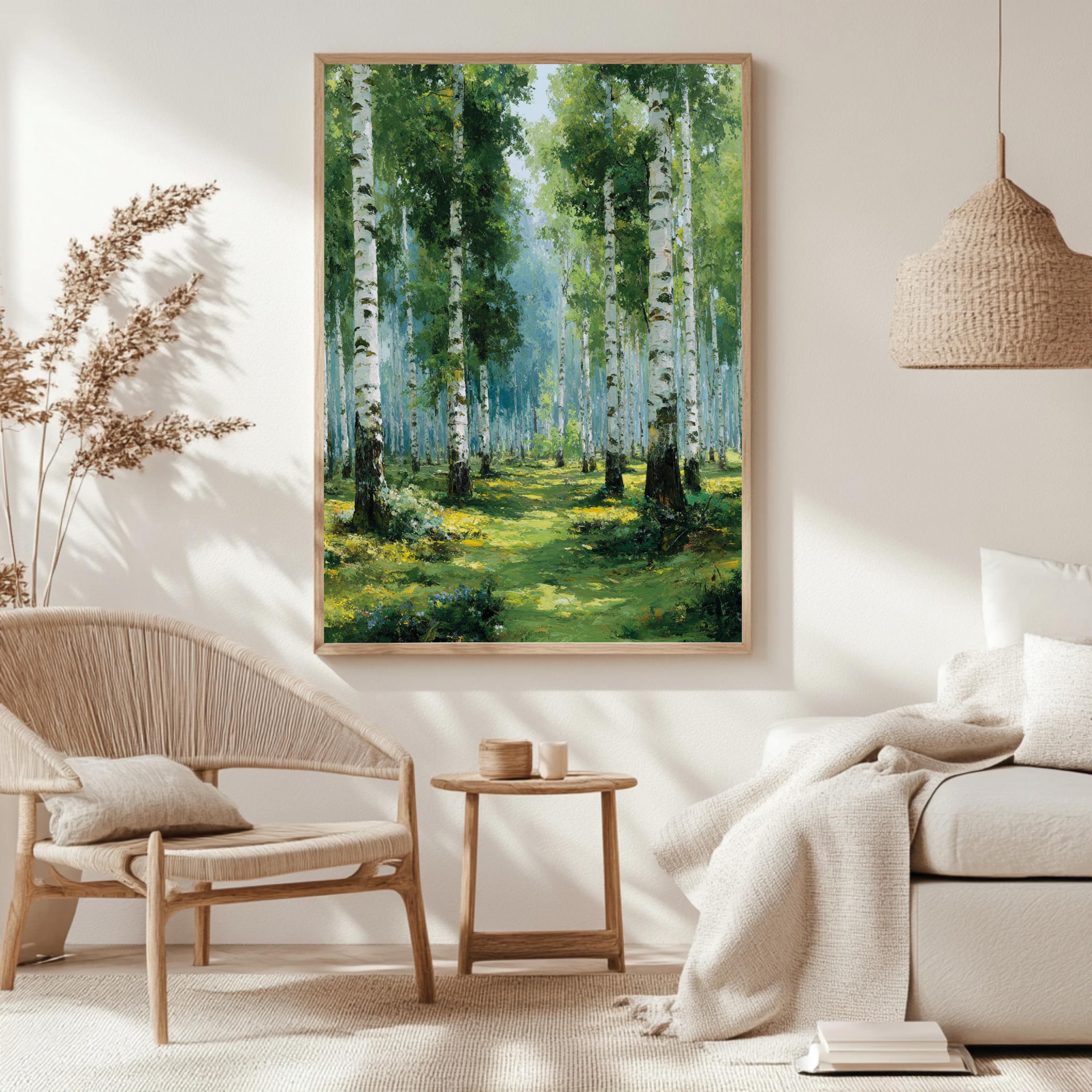 Birch Forest Wall Art, Soft Green Woodland Framed Canvas, Serene Nature Print, Tranquil Tree Wall Decor, Rustic Home Accent