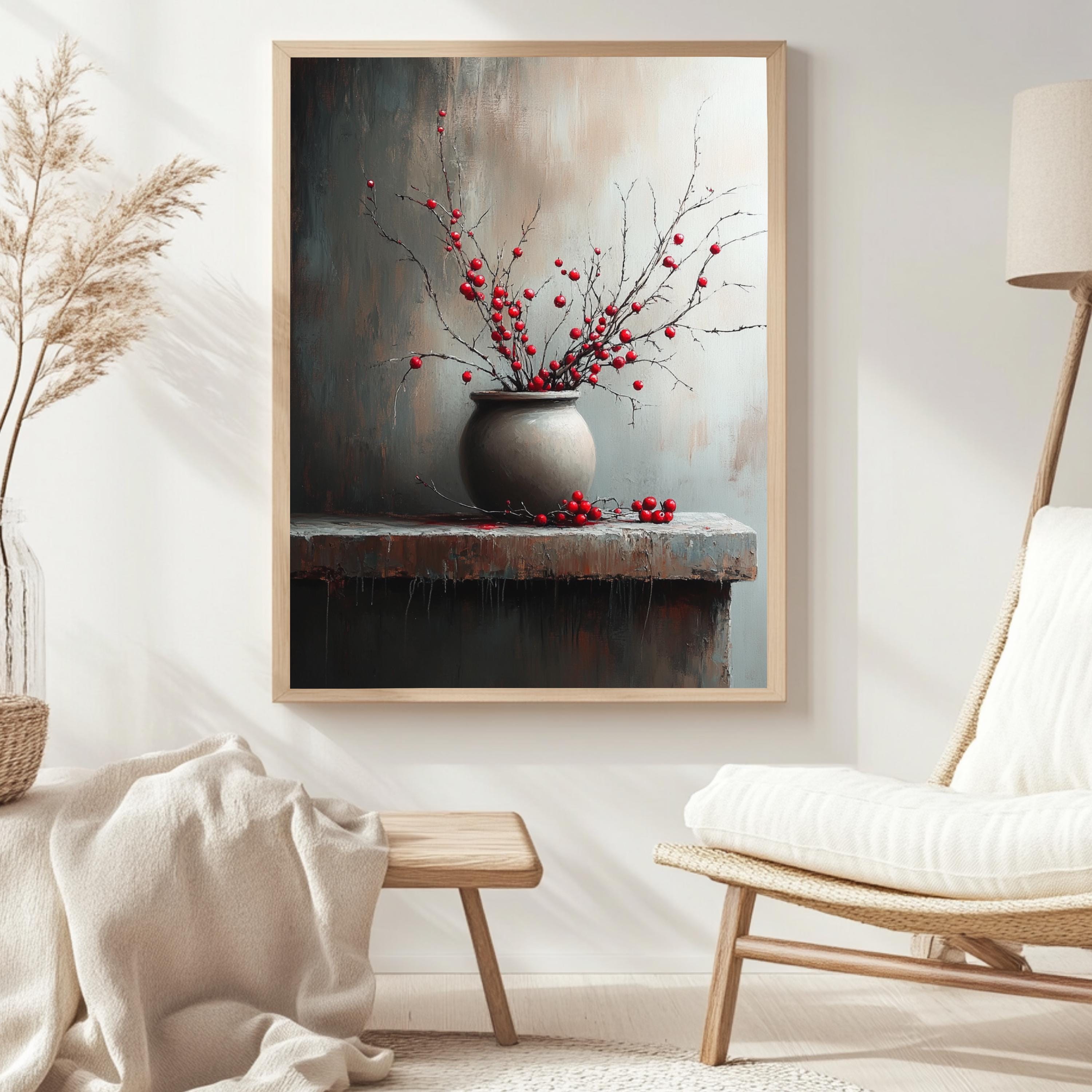 Moody Berry Branch Wall Art, Rustic Still Life Framed Canvas, Dark Neutral Pottery Print, Textured-Look Botanical Poster, Elegant Home Decor