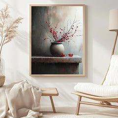 Moody Berry Branch Wall Art, Rustic Still Life Framed Canvas, Dark Neutral Pottery Print, Textured-Look Botanical Poster, Elegant Home Decor