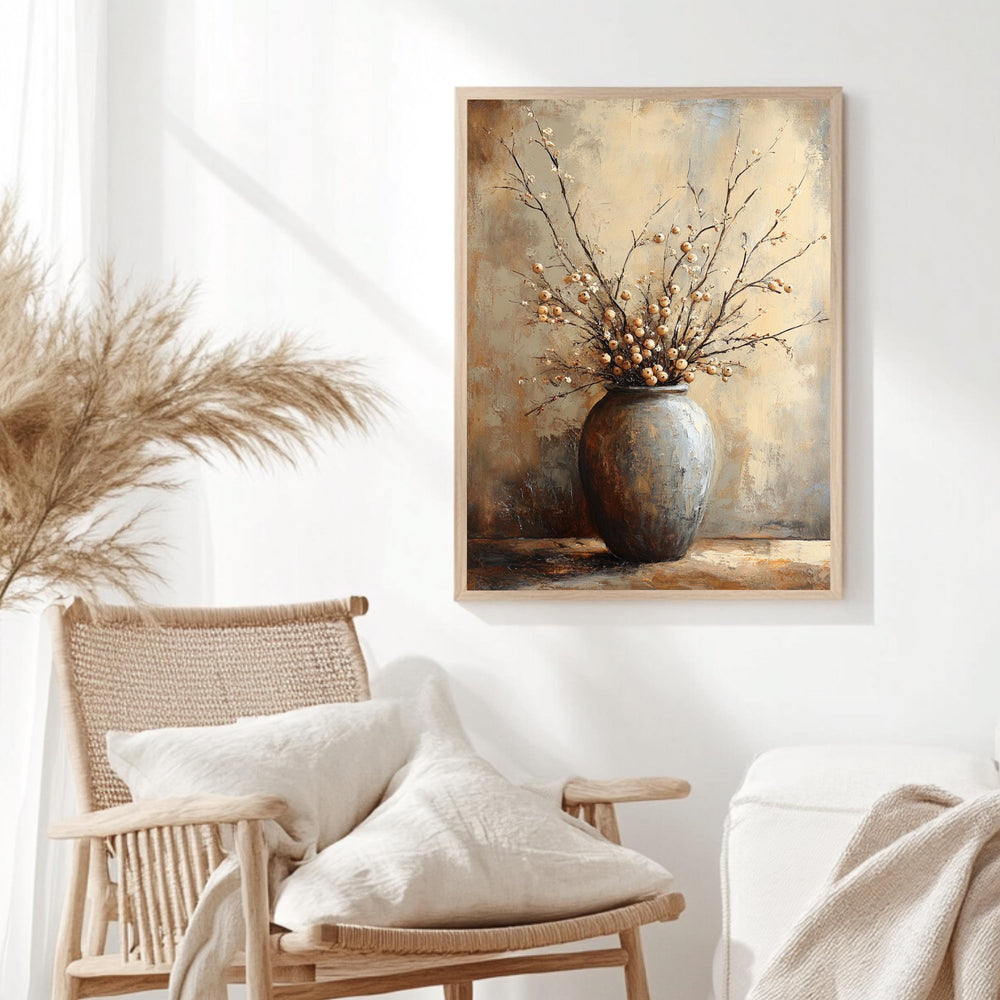 Neutral Berry Branch Wall Art, Rustic Still Life Framed Canvas, Warm Earth Tone Pottery Print, Minimal Botanical Artwork, Cozy Home Decor