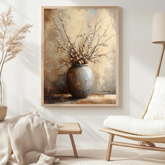 Neutral Berry Branch Wall Art, Rustic Still Life Framed Canvas, Warm Earth Tone Pottery Print, Minimal Botanical Artwork, Cozy Home Decor