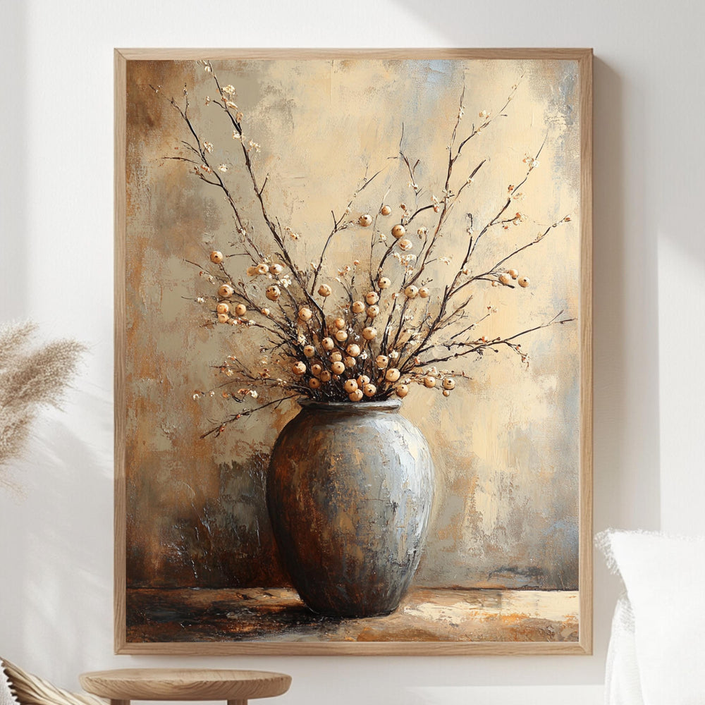 Neutral Berry Branch Wall Art, Rustic Still Life Framed Canvas, Warm Earth Tone Pottery Print, Minimal Botanical Artwork, Cozy Home Decor