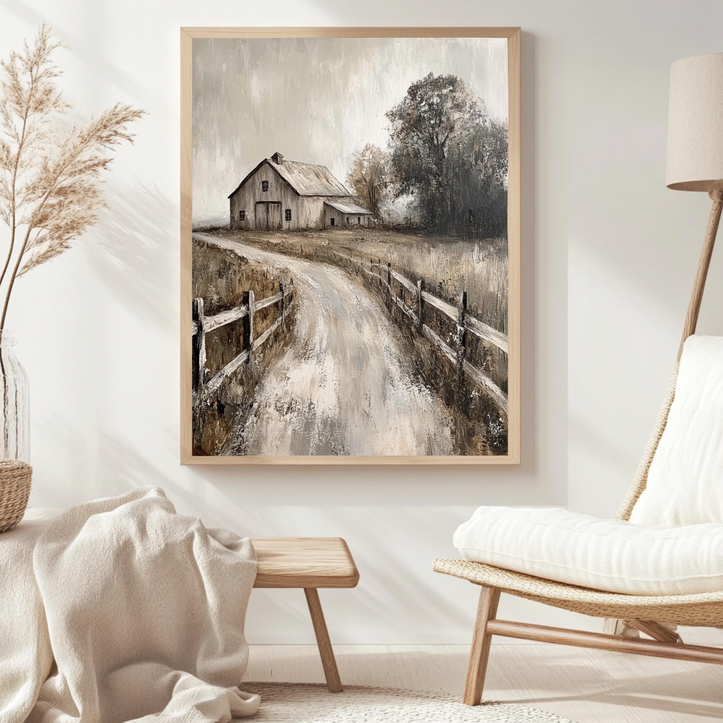Rustic Farmhouse Barn Wall Art, Neutral Country Landscape Framed Canvas, Weathered Barn Print, Vintage Rural Artwork, Cozy Home Decor