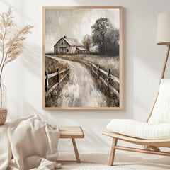 Rustic Farmhouse Barn Wall Art, Neutral Country Landscape Framed Canvas, Weathered Barn Print, Vintage Rural Artwork, Cozy Home Decor