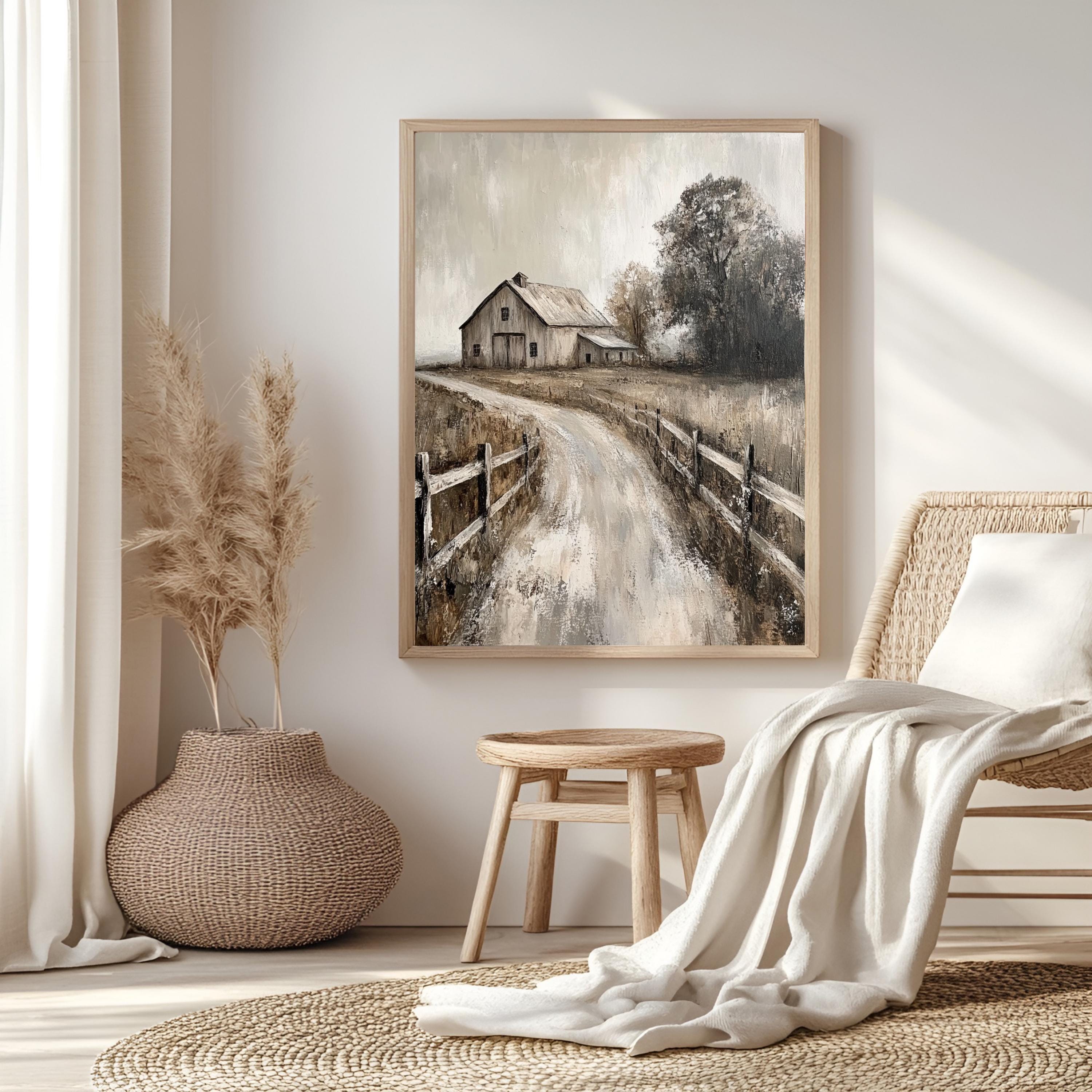 Rustic Farmhouse Barn Wall Art, Neutral Country Landscape Framed Canvas, Weathered Barn Print, Vintage Rural Artwork, Cozy Home Decor