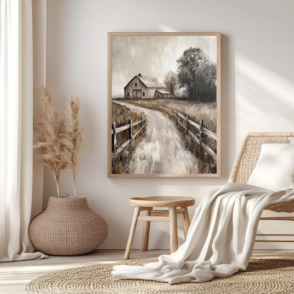 Rustic Farmhouse Barn Wall Art, Neutral Country Landscape Framed Canvas, Weathered Barn Print, Vintage Rural Artwork, Cozy Home Decor