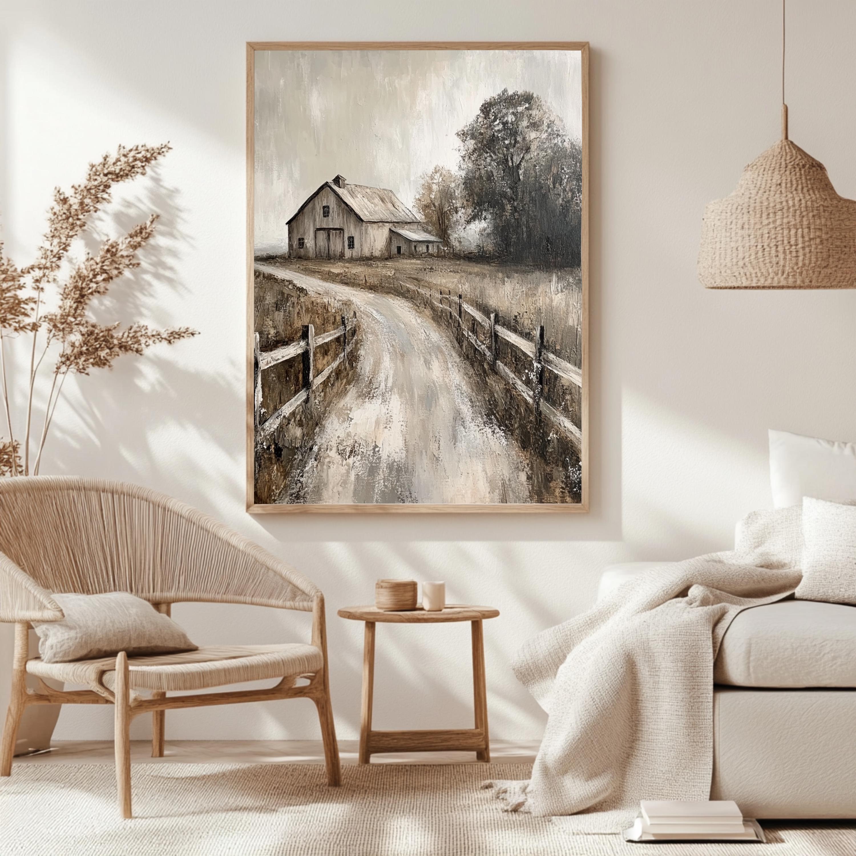 Rustic Farmhouse Barn Wall Art, Neutral Country Landscape Framed Canvas, Weathered Barn Print, Vintage Rural Artwork, Cozy Home Decor