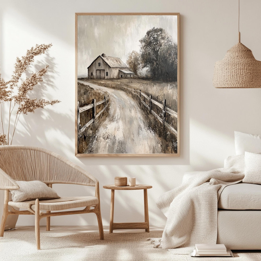 Rustic Farmhouse Barn Wall Art, Neutral Country Landscape Framed Canvas, Weathered Barn Print, Vintage Rural Artwork, Cozy Home Decor