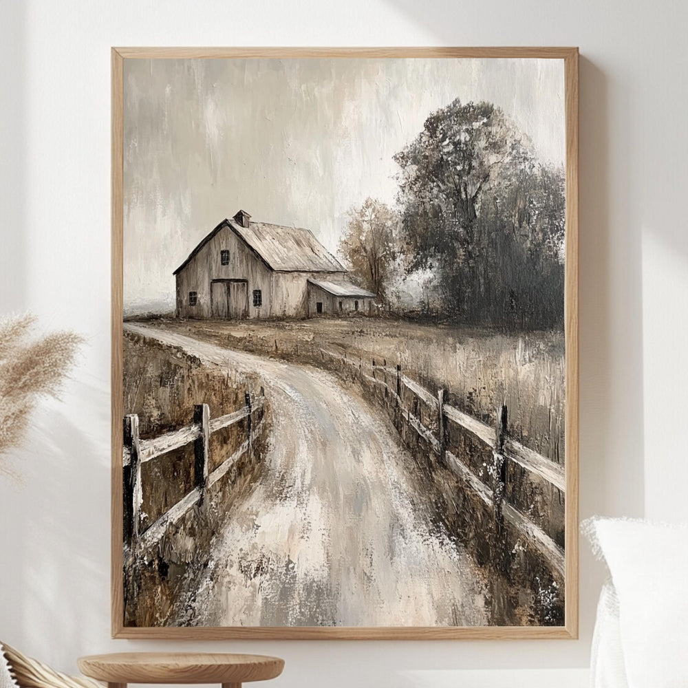 Rustic Farmhouse Barn Wall Art, Neutral Country Landscape Framed Canvas, Weathered Barn Print, Vintage Rural Artwork, Cozy Home Decor