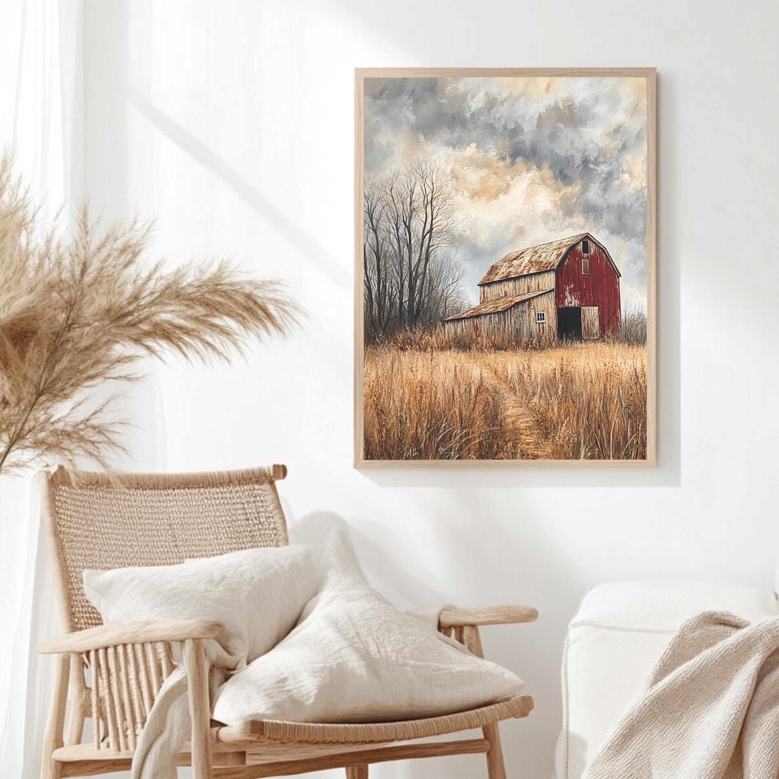 Rustic Red Barn Wall Art, Weathered Country Farm Framed Canvas, Moody Rural Landscape Print, Vintage Barn Artwork, Farmhouse Home Decor