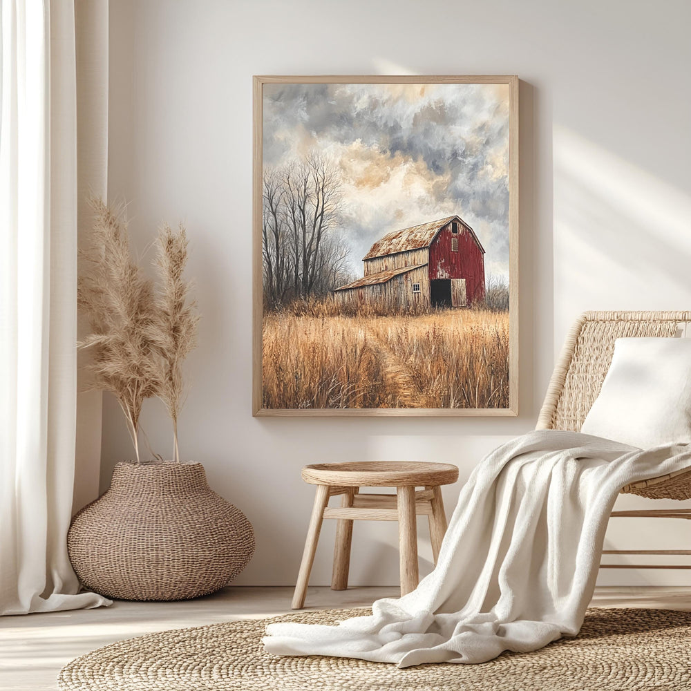 Rustic Red Barn Wall Art, Weathered Country Farm Framed Canvas, Moody Rural Landscape Print, Vintage Barn Artwork, Farmhouse Home Decor