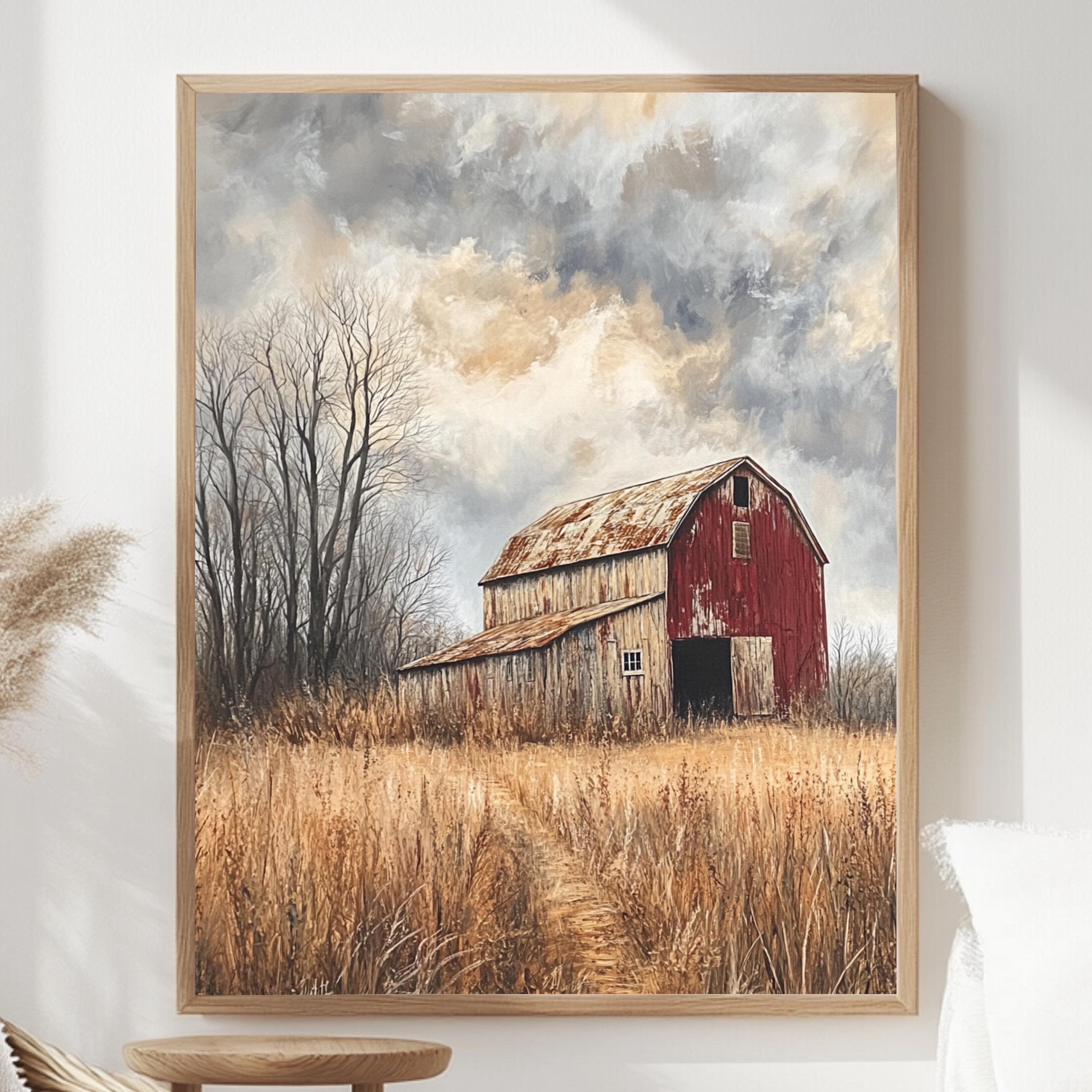 Rustic Red Barn Wall Art, Weathered Country Farm Framed Canvas, Moody Rural Landscape Print, Vintage Barn Artwork, Farmhouse Home Decor