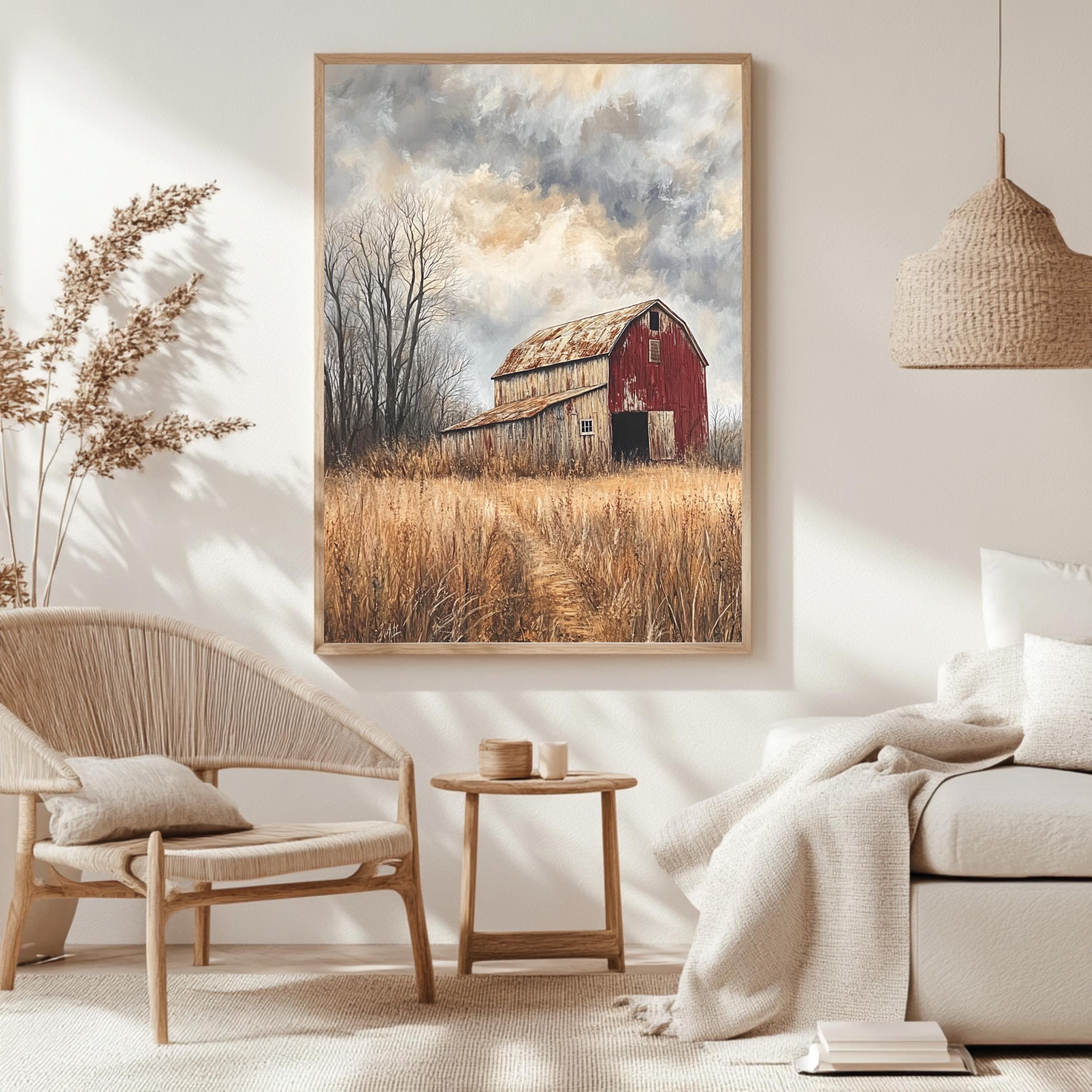 Rustic Red Barn Wall Art, Weathered Country Farm Framed Canvas, Moody Rural Landscape Print, Vintage Barn Artwork, Farmhouse Home Decor