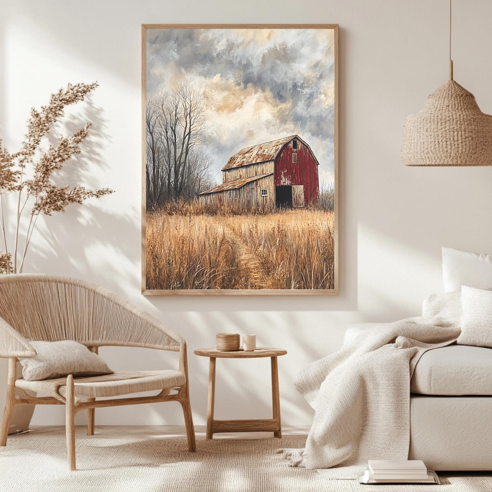 Rustic Red Barn Wall Art, Weathered Country Farm Framed Canvas, Moody Rural Landscape Print, Vintage Barn Artwork, Farmhouse Home Decor