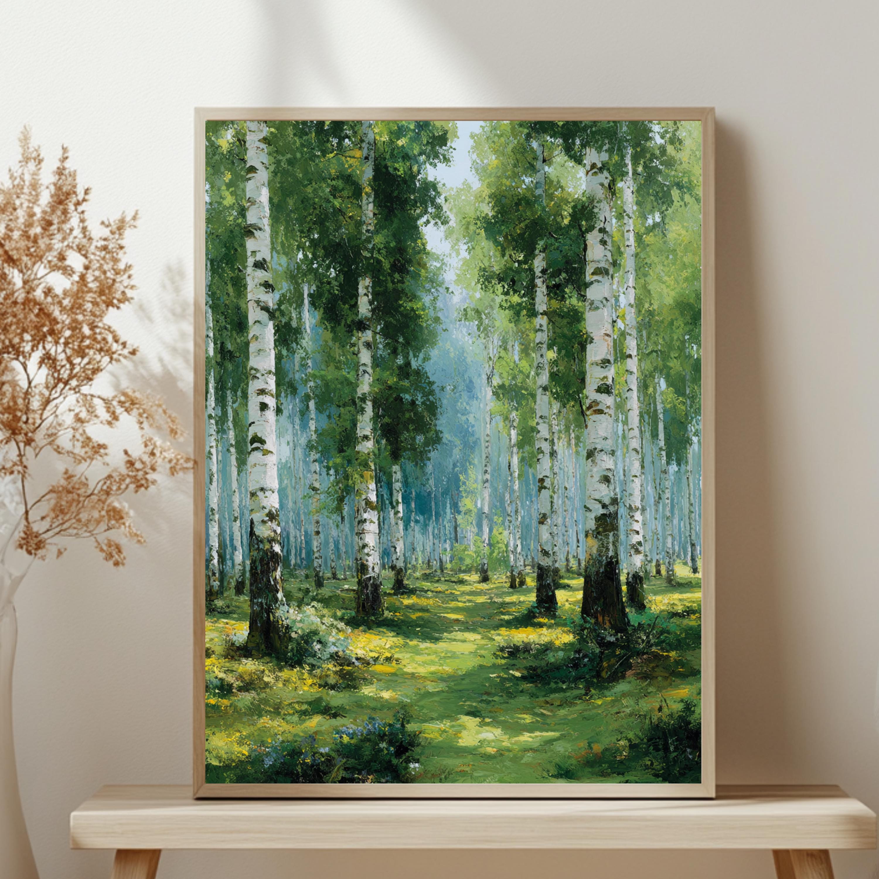 Birch Forest Wall Art, Soft Green Woodland Framed Canvas, Serene Nature Print, Tranquil Tree Wall Decor, Rustic Home Accent