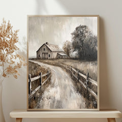 Rustic Farmhouse Barn Wall Art, Neutral Country Landscape Framed Canvas, Weathered Barn Print, Vintage Rural Artwork, Cozy Home Decor